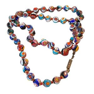 Vintage Murano multicolor beaded necklace millefiori 12" Venetian glass